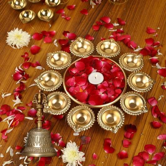 Handcrafted Brass Urli Bowl Diyas + Free Pure Brass Pooja Bell