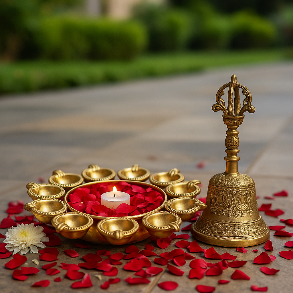 Handcrafted Brass Urli Bowl Diyas + Free Pure Brass Pooja Bell