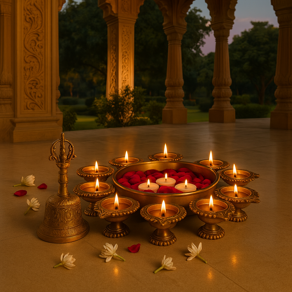 Handcrafted Brass Urli Bowl Diyas + Free Pure Brass Pooja Bell