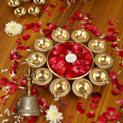 Handcrafted Brass Urli Bowl Diyas + Free Pure Brass Pooja Bell