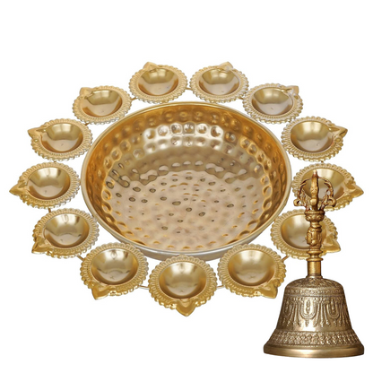 Handcrafted Brass Urli Bowl Diyas + Free Pure Brass Pooja Bell