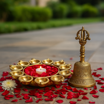 Handcrafted Brass Urli Bowl Diyas + Free Pure Brass Pooja Bell
