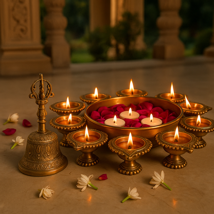Handcrafted Brass Urli Bowl Diyas + Free Pure Brass Pooja Bell