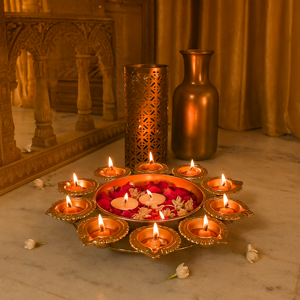 Handcrafted Brass Urli Bowl Diyas + Free Pure Brass Pooja Bell